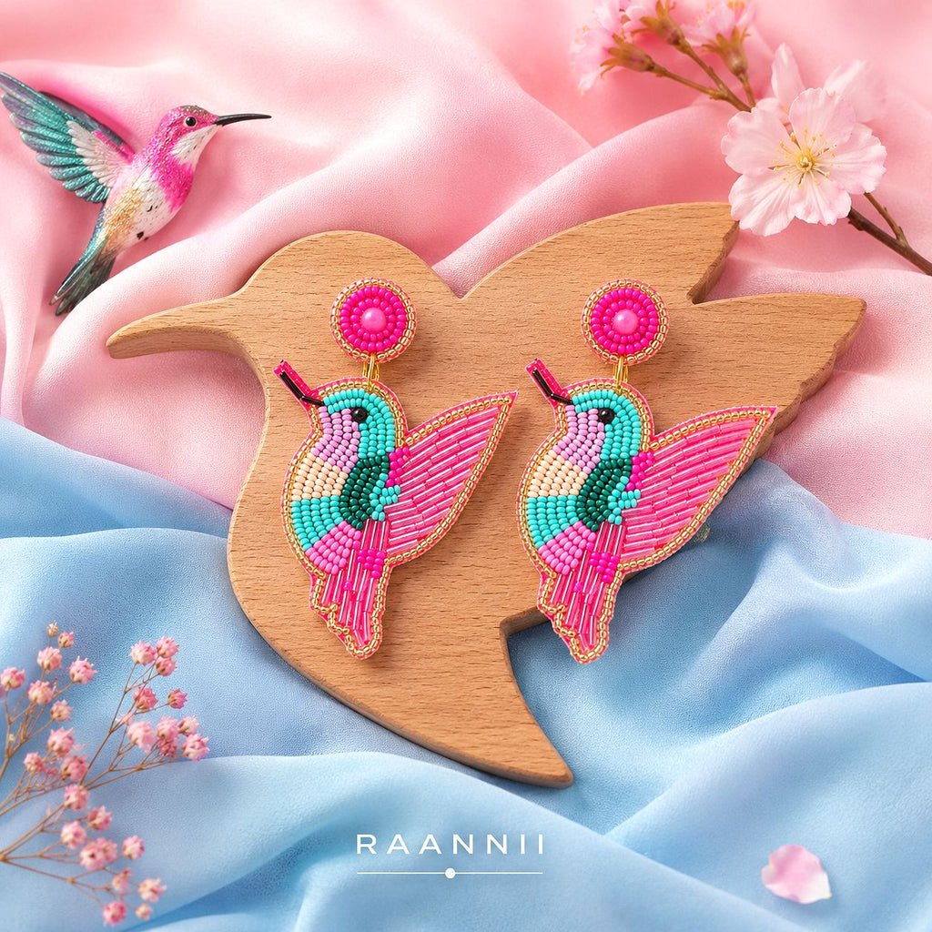 Raannii Pink Bird Beaded Statement Earrings