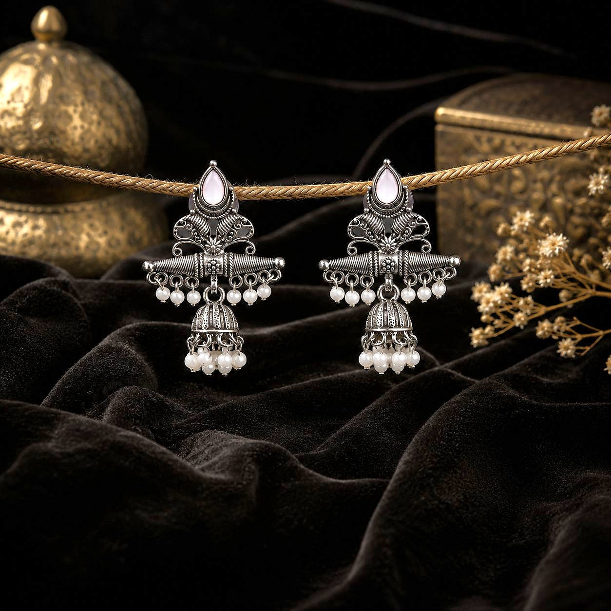 Raannii Earrings Oxidised Pearl Jhumka Drop Statement Earrings for Women
