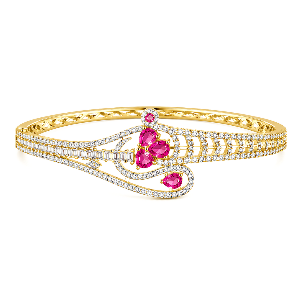 Raannii Bracelet Gold Plated Pink Stone Crystal Party Wear Bracelet for Women