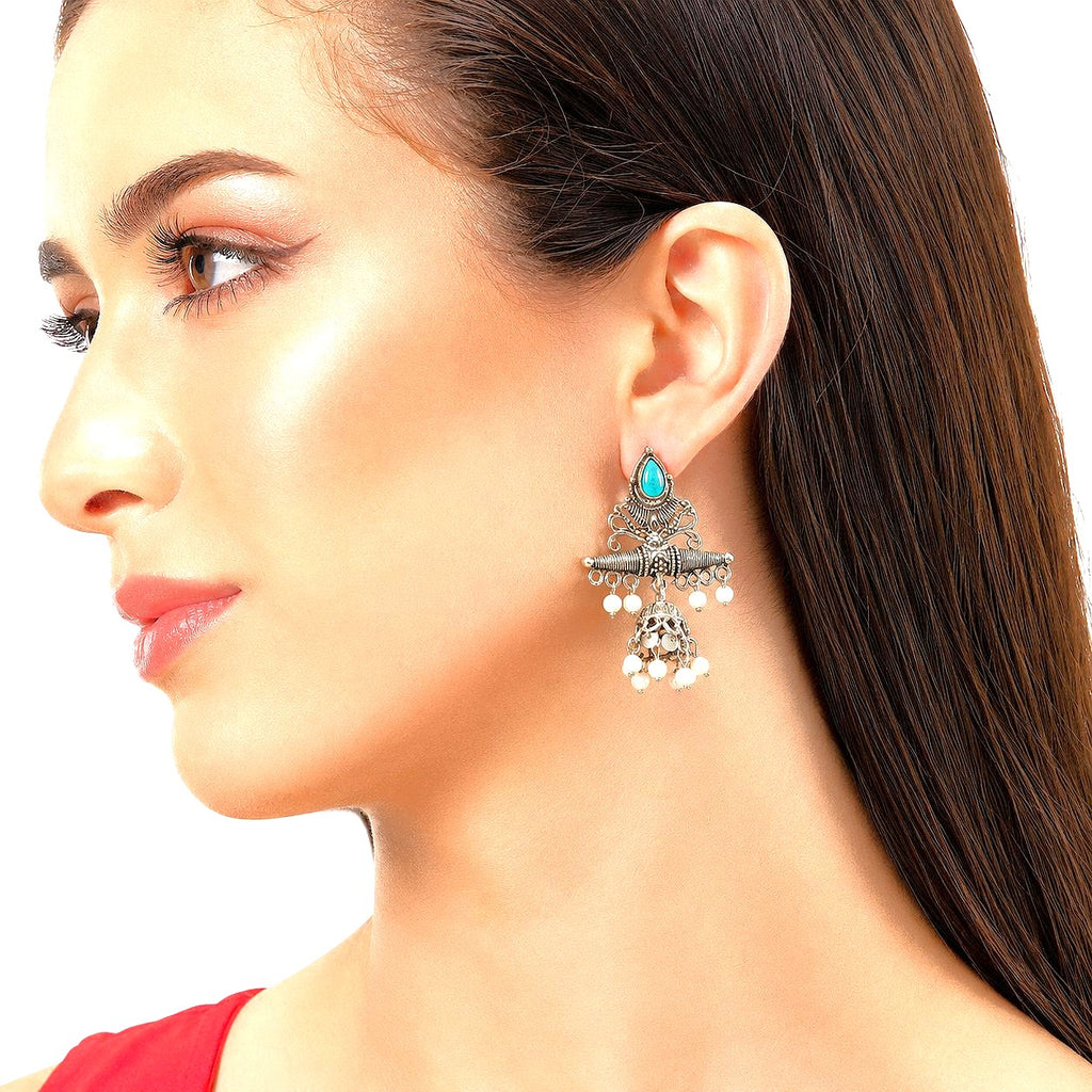 Raannii Earrings Sky Blue Stone Oxidised Pearl Jhumka Statement Earrings for Women
