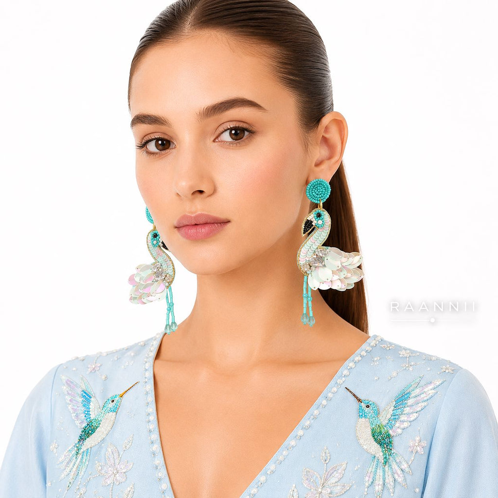 Raannii Mint Flamingo Sequin Statement Earrings