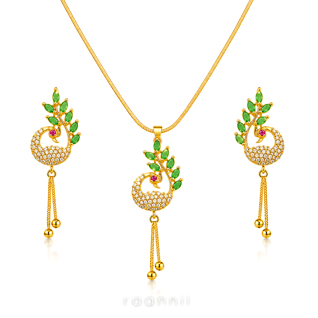 Raannii Jewelry Set Gold Plated Peacock Pendant Necklace and Drop Earrings for Women