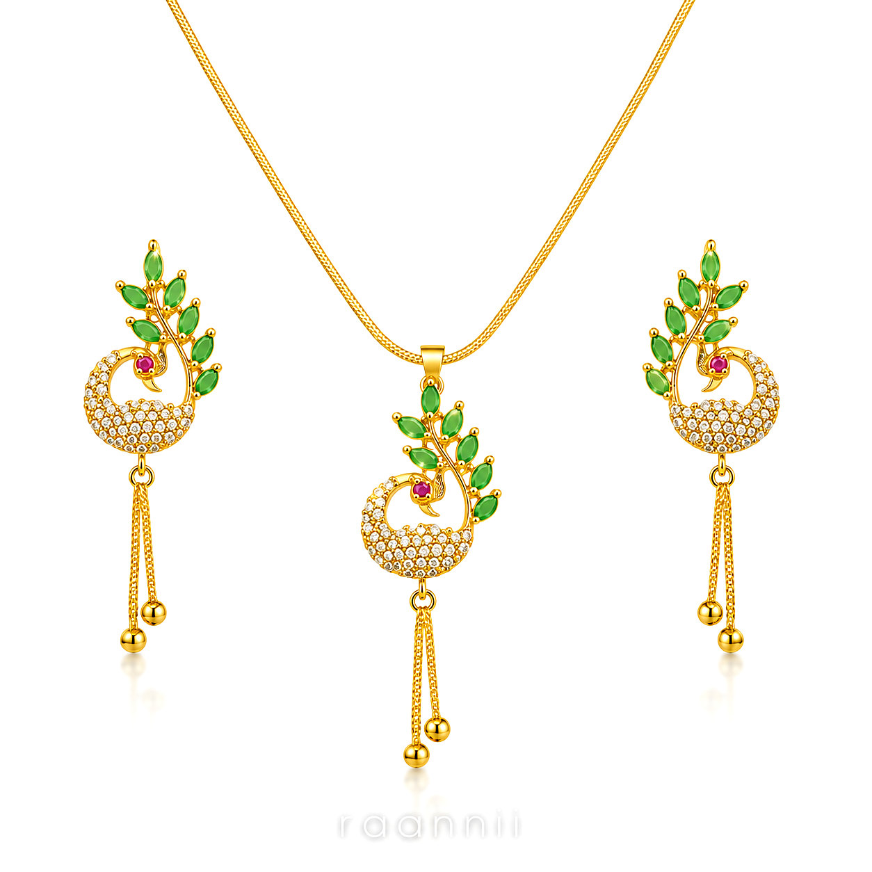 Raannii Jewelry Set Gold Plated Peacock Pendant Necklace and Drop Earrings for Women