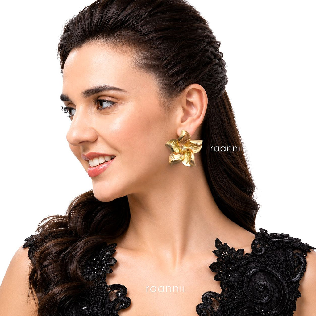 Raannii Golden Blossom Statement Floral Earrings