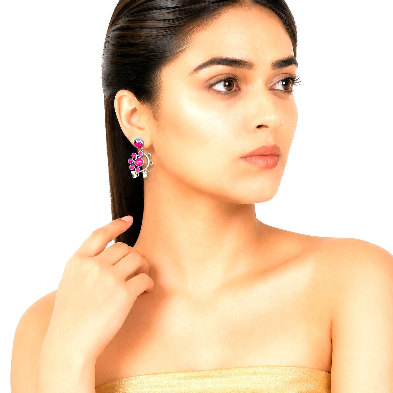 Raannii Earrings Pink Stone Pearl Drop Oxidised Statement Earrings for Women