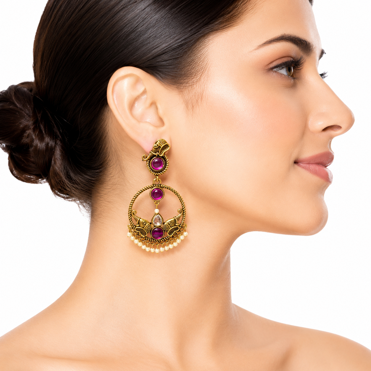 Raannii  Earrings Ruby Tone Traditional Gold Finish Chandbali Earrings
