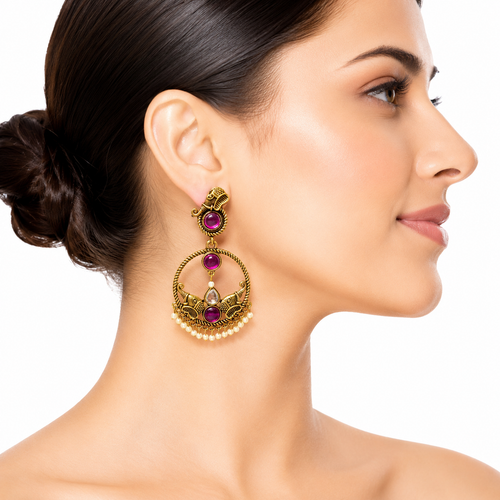 Raannii  Earrings Ruby Tone Traditional Gold Finish Chandbali Earrings
