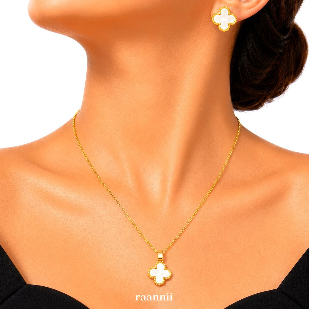 Raannii Jewelry Set Gold Plated White Clover Pendant Necklace and Stud Earrings for Women