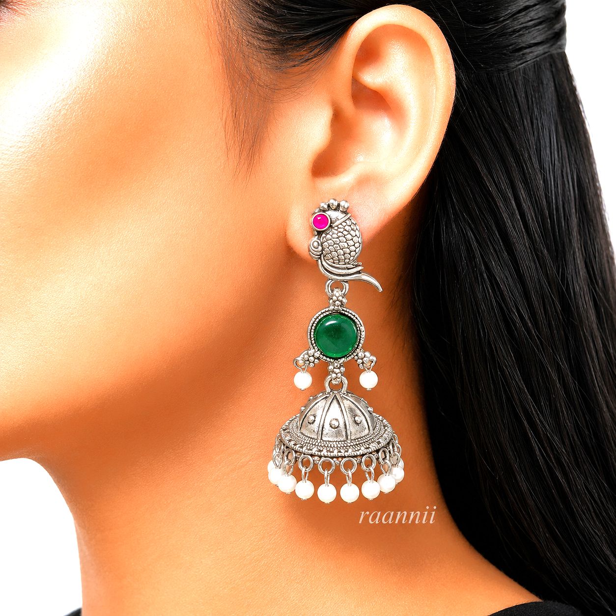 Raannii Earrings Purple Stone Bird Jhumka Pearl Drop Earrings for Women