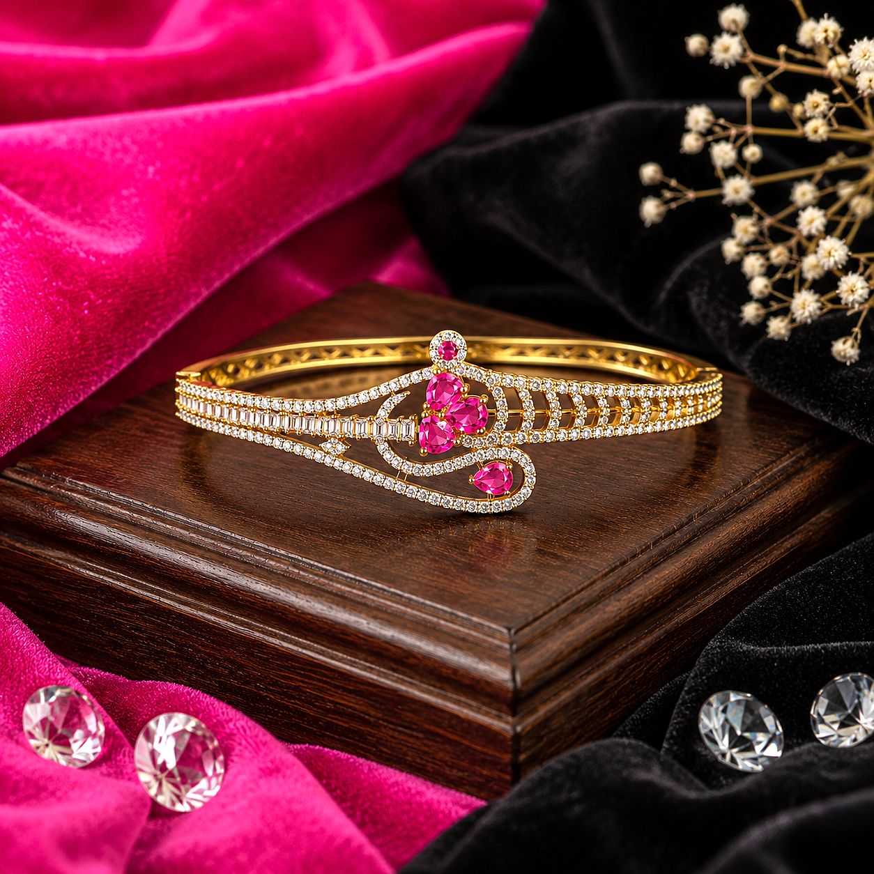 Raannii Bracelet Gold Plated Pink Stone Crystal Party Wear Bracelet for Women