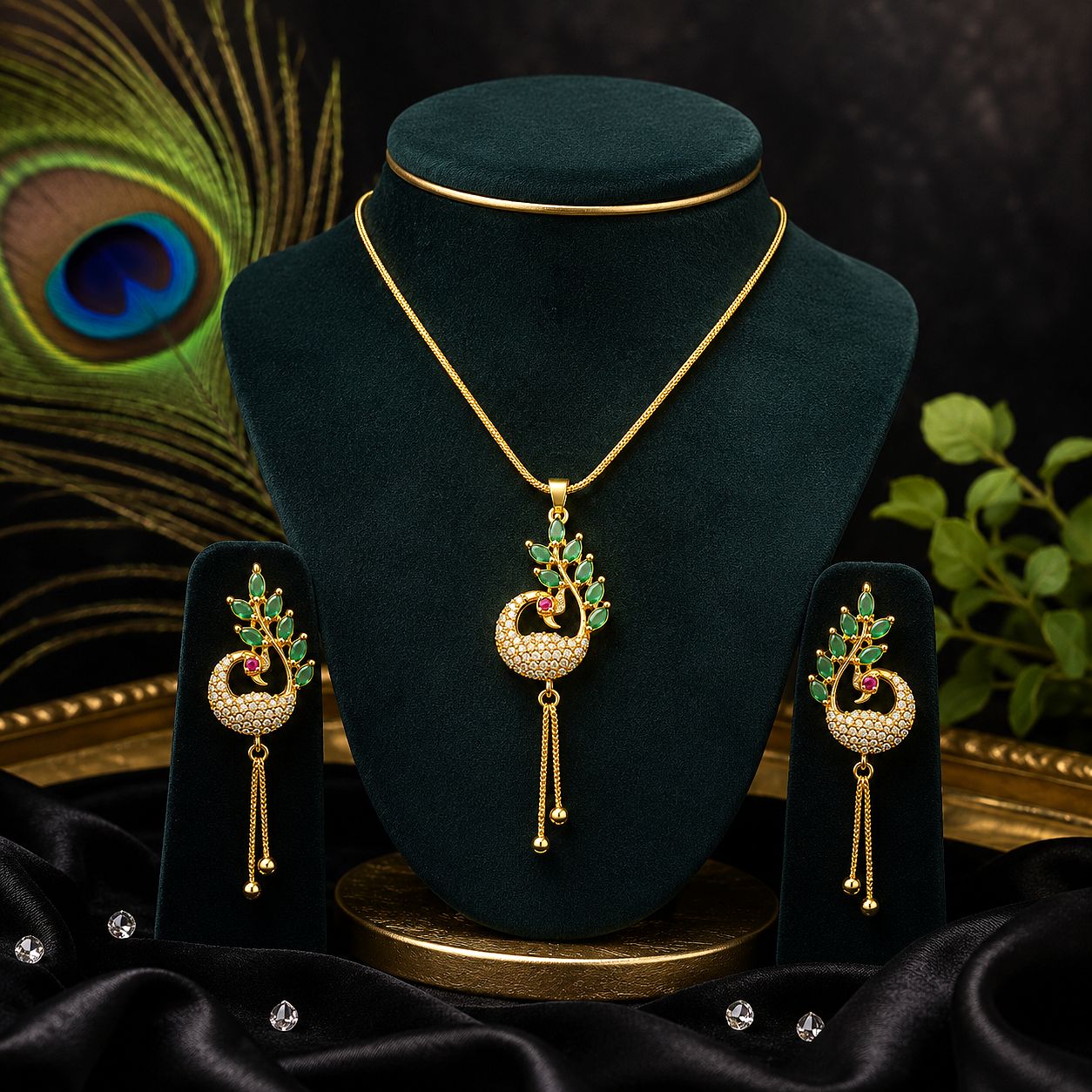 Raannii Jewelry Set Gold Plated Peacock Pendant Necklace and Drop Earrings for Women