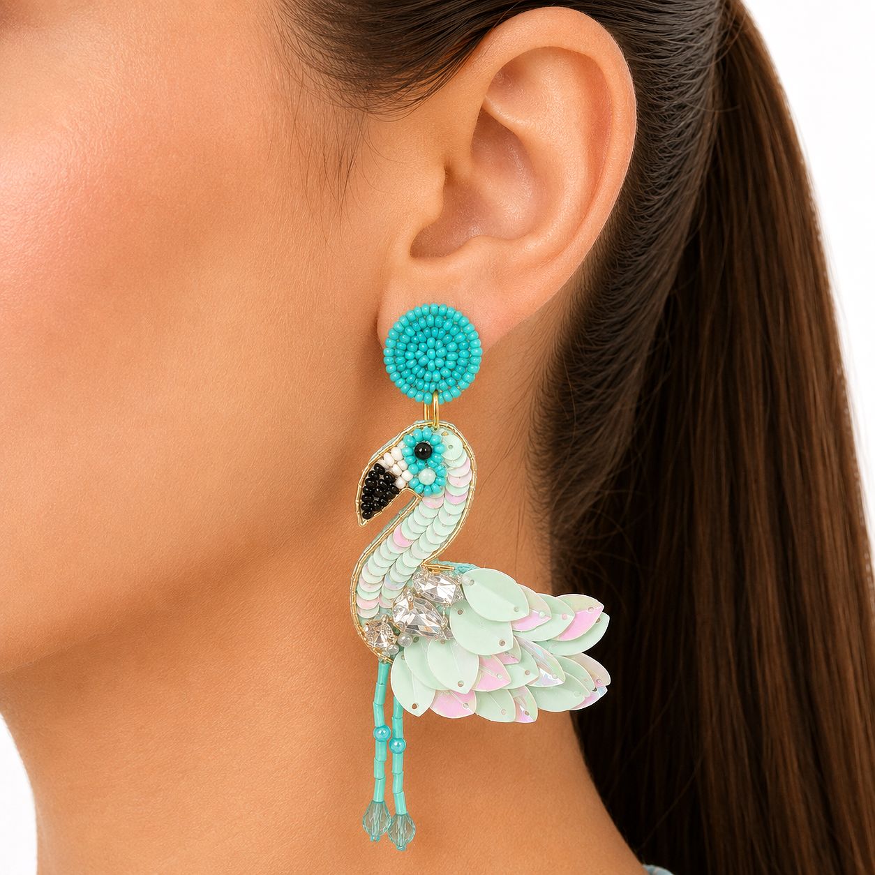Raannii Mint Flamingo Sequin Statement Earrings