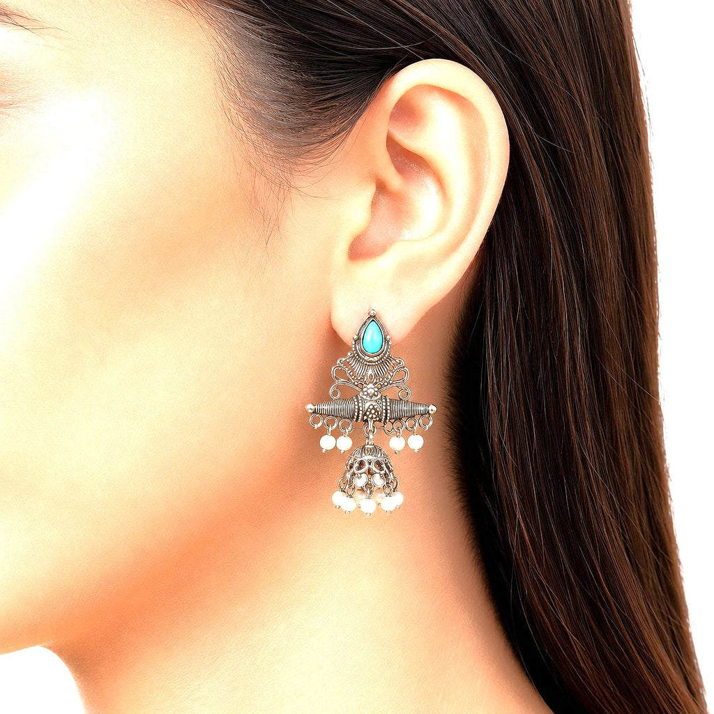 Raannii Earrings Sky Blue Stone Oxidised Pearl Jhumka Statement Earrings for Women