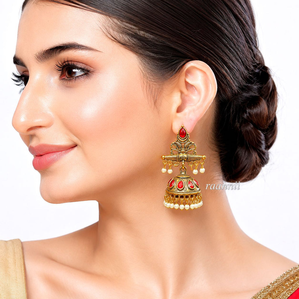 Raannii Earrings Gold Plated Red Stone Pearl Jhumka Earrings for Women