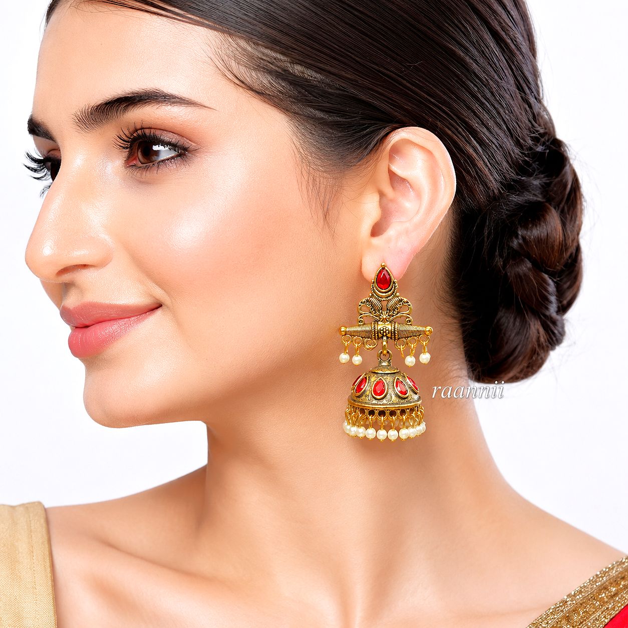 Raannii Earrings Gold Plated Red Stone Pearl Jhumka Earrings for Women
