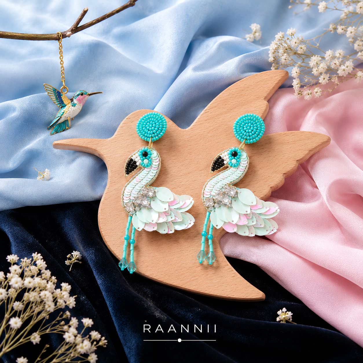 Raannii Mint Flamingo Sequin Statement Earrings
