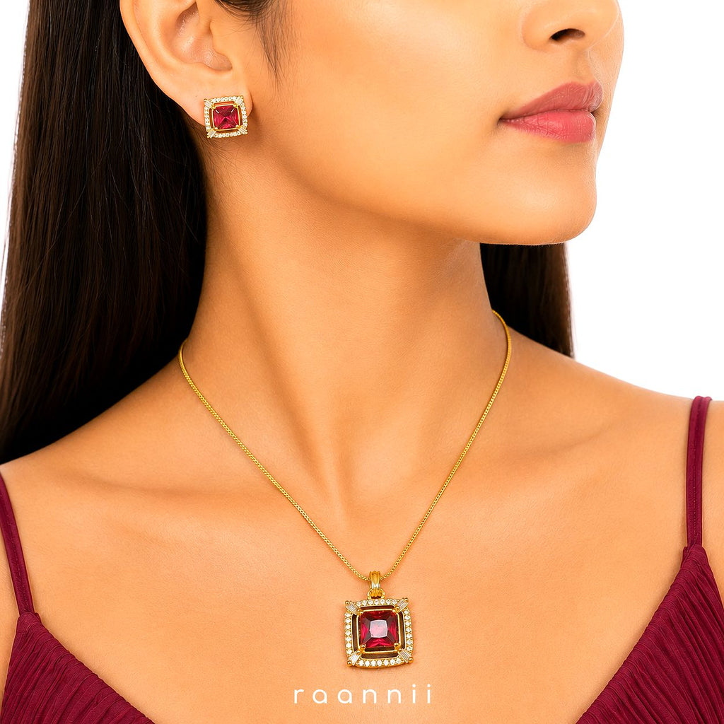 Raannii Jewelry Set Gold Plated Red Stone Pendant Necklace and Stud Earrings for Women