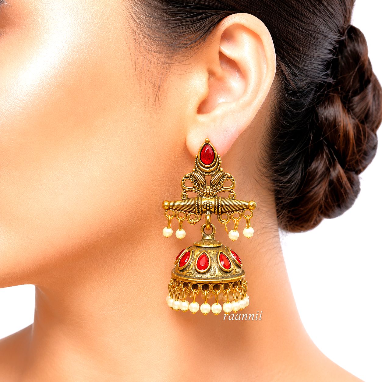 Raannii Earrings Gold Plated Red Stone Pearl Jhumka Earrings for Women