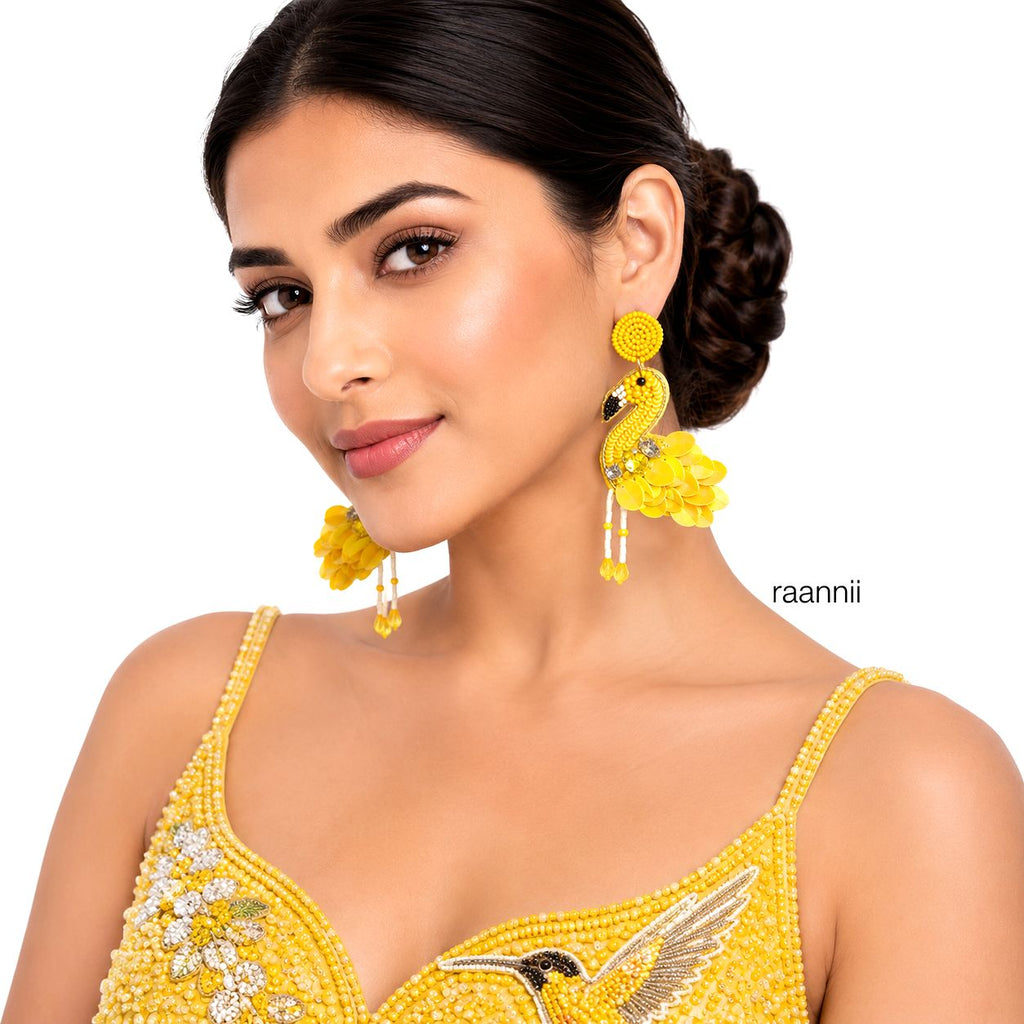 Raannii Yellow Flamingo Sequin Statement Earrings