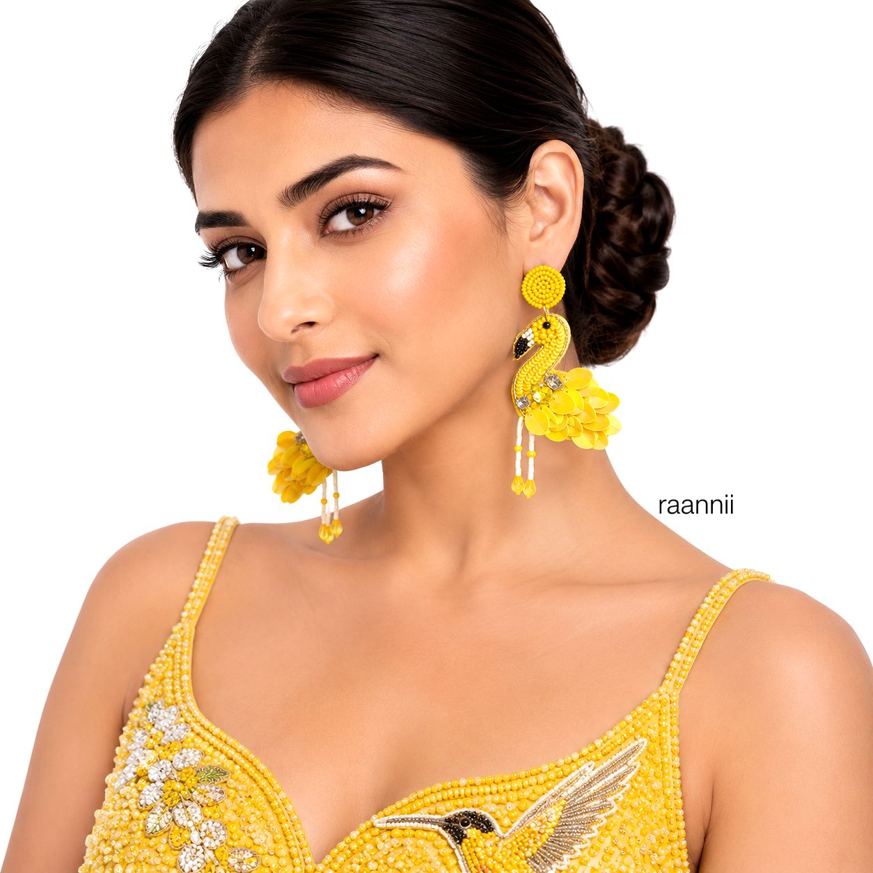 Raannii Yellow Flamingo Sequin Statement Earrings
