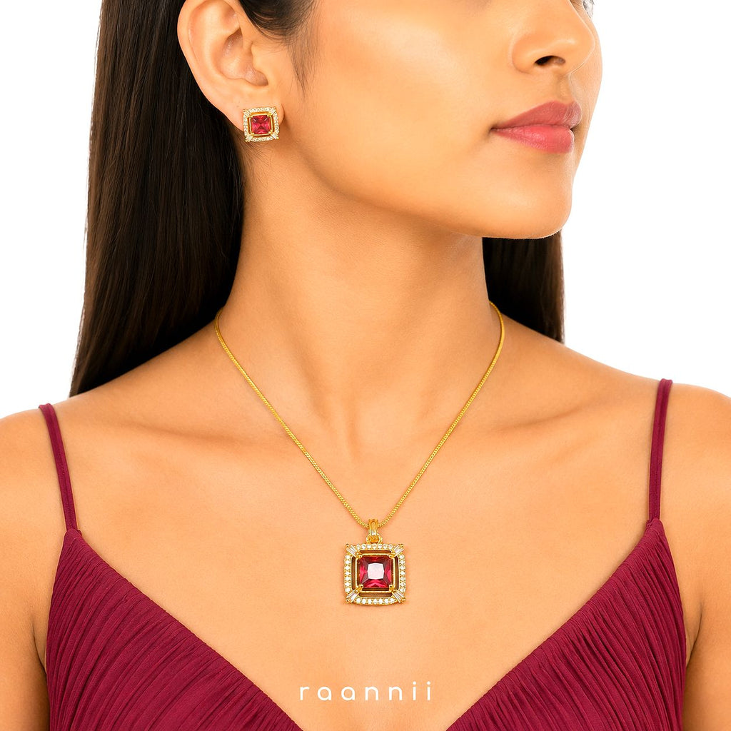 Raannii Jewelry Set Gold Plated Red Stone Pendant Necklace and Stud Earrings for Women