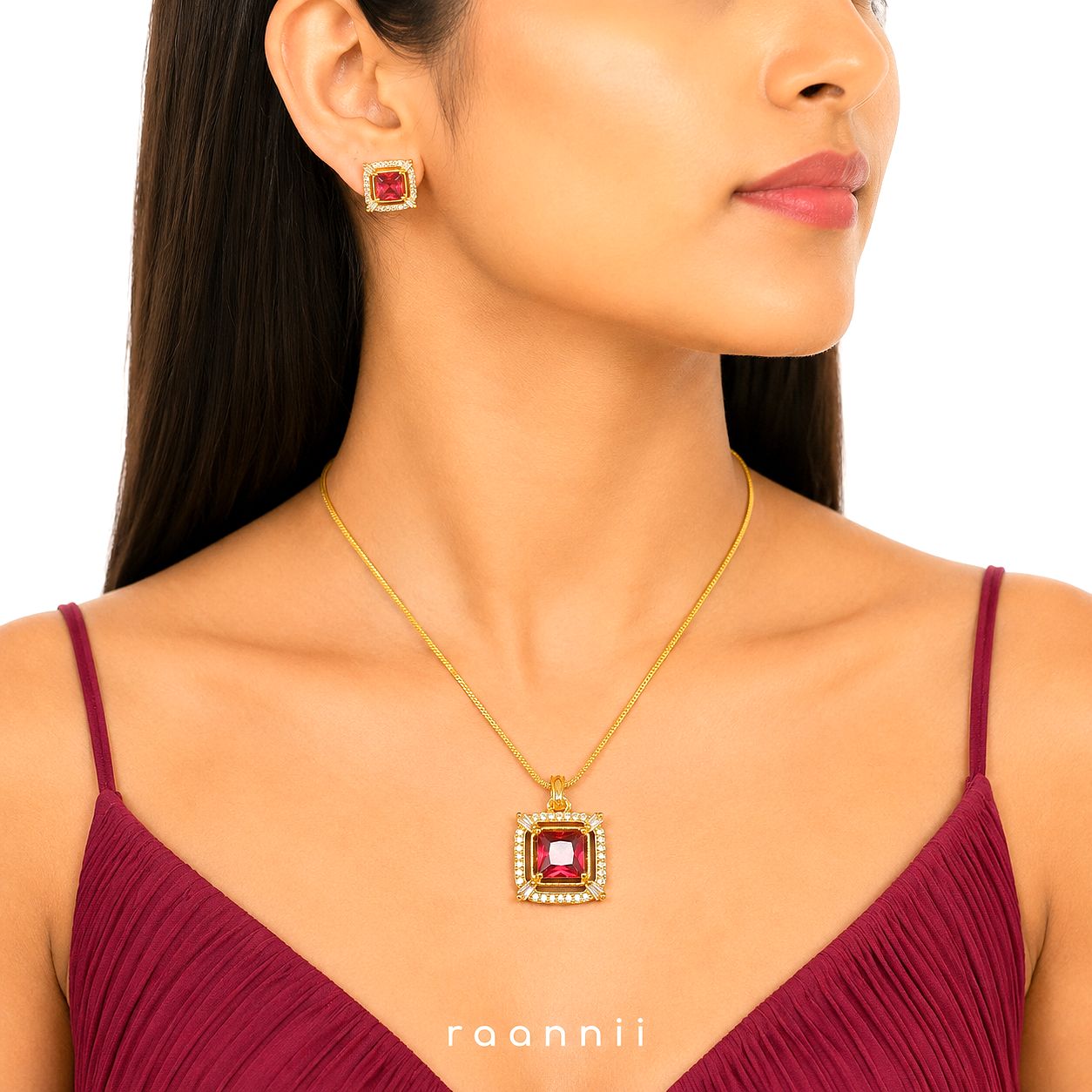 Raannii Jewelry Set Gold Plated Red Stone Pendant Necklace and Stud Earrings for Women