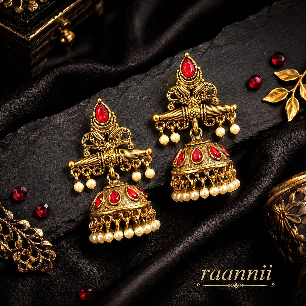 Raannii Earrings Gold Plated Red Stone Pearl Jhumka Earrings for Women