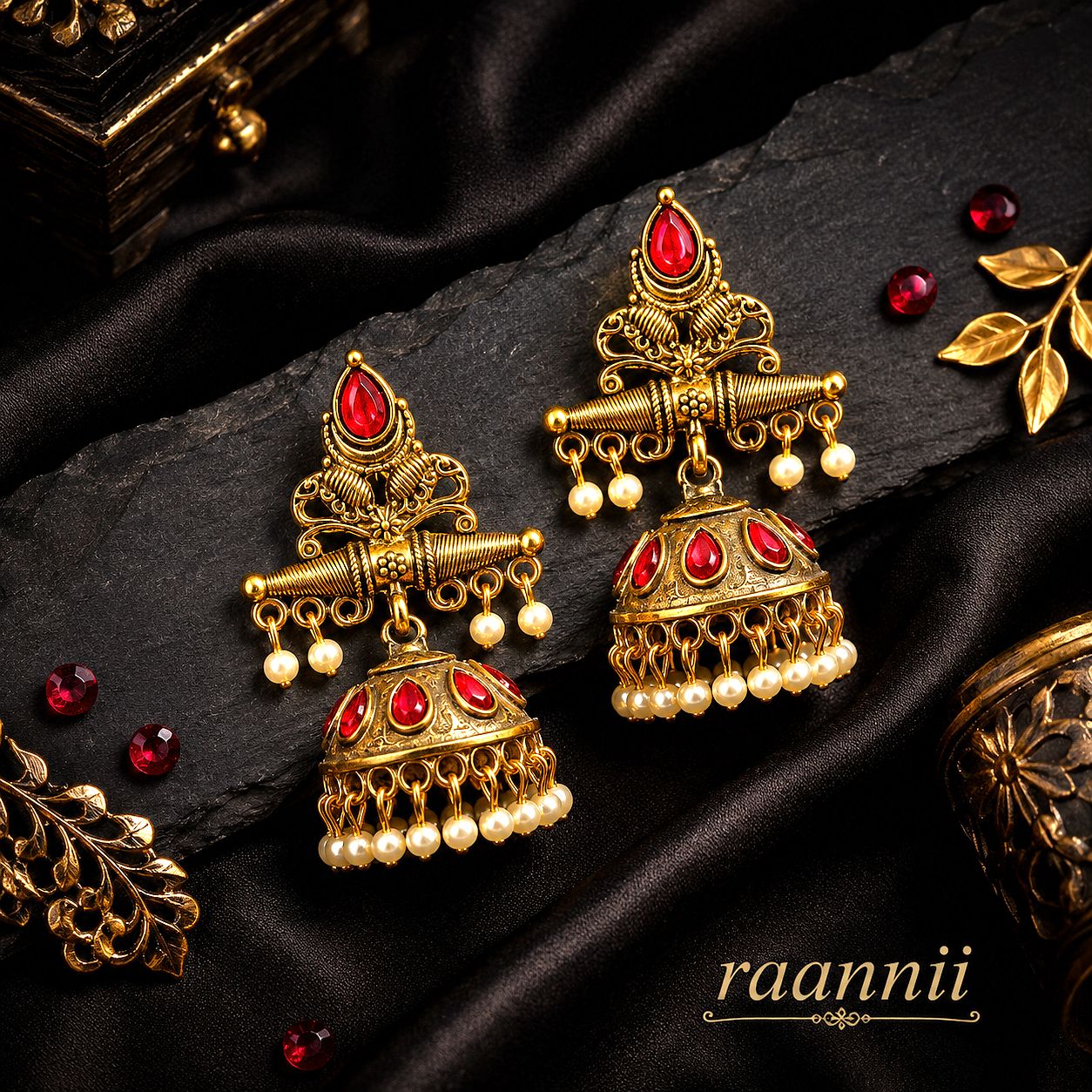 Raannii Earrings Gold Plated Red Stone Pearl Jhumka Earrings for Women