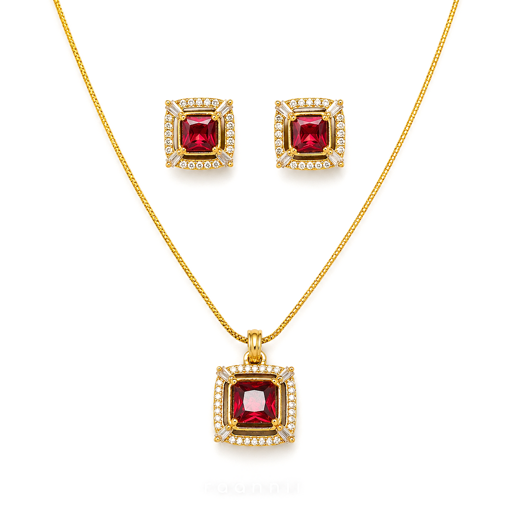 Raannii Jewelry Set Gold Plated Red Stone Pendant Necklace and Stud Earrings for Women