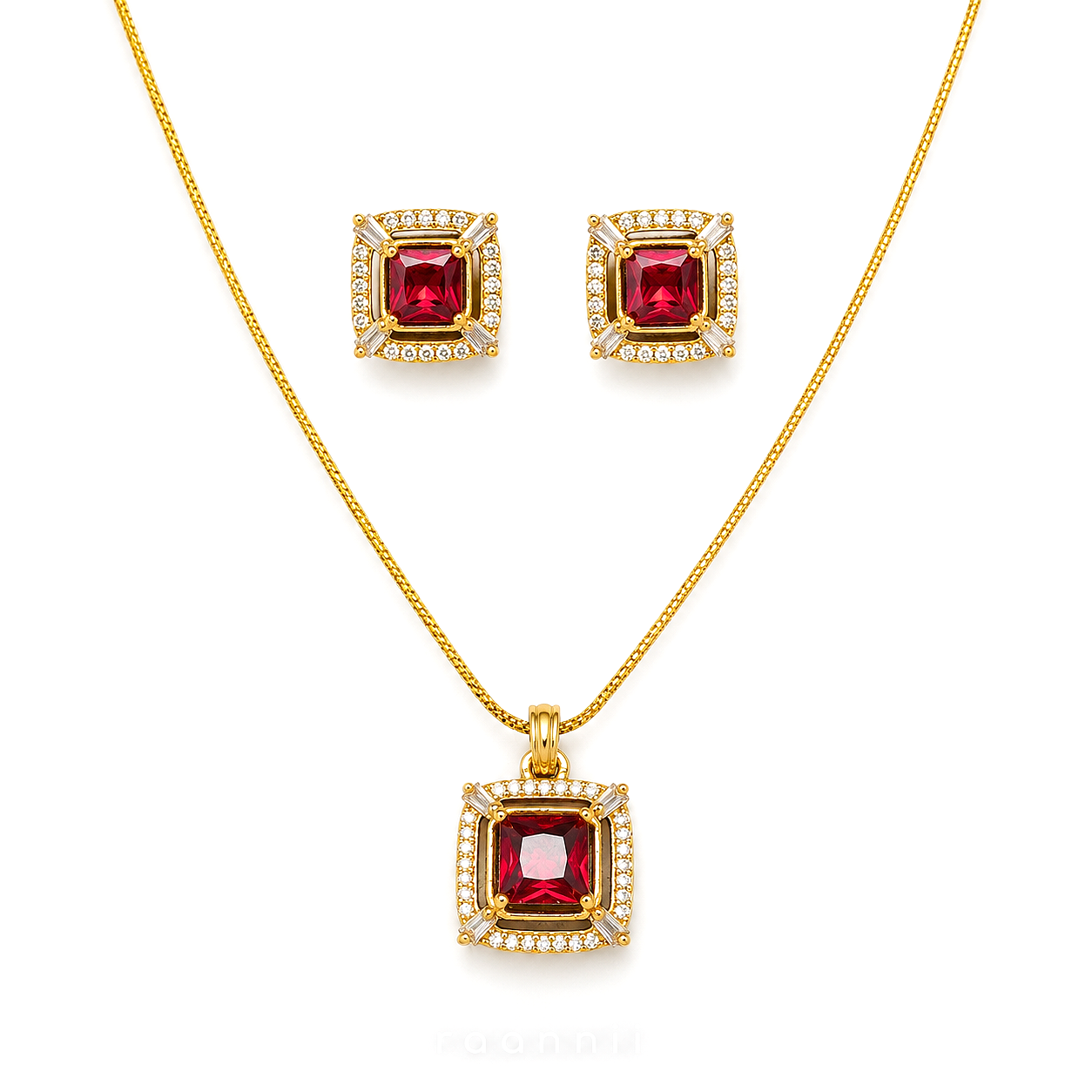 Raannii Jewelry Set Gold Plated Red Stone Pendant Necklace and Stud Earrings for Women