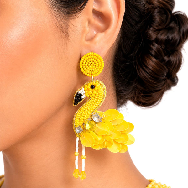 Raannii Yellow Flamingo Sequin Statement Earrings