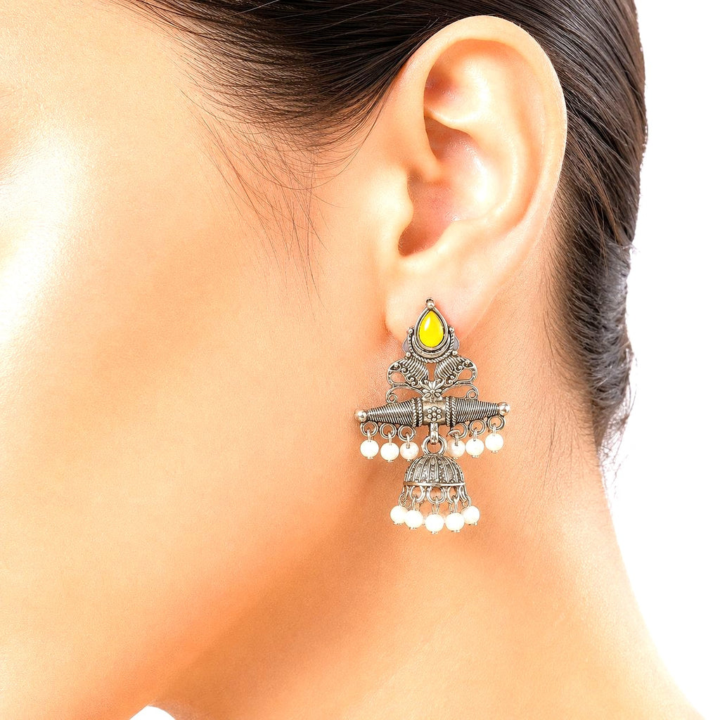Raannii Earrings Yellow Stone Oxidised Pearl Jhumka Statement Earrings for Women