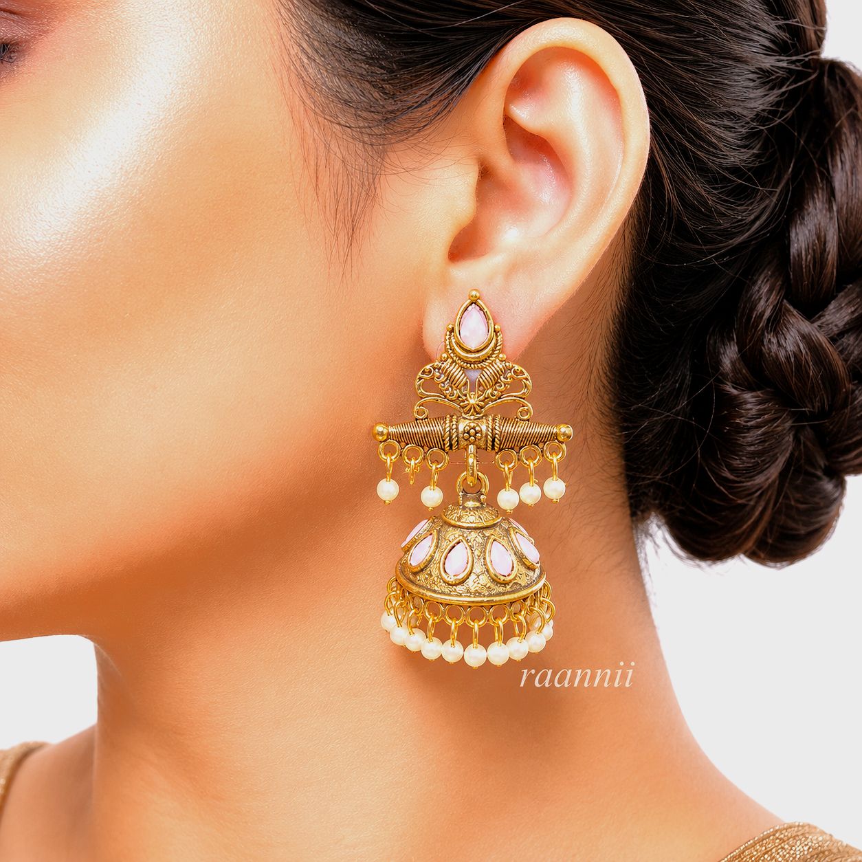 Raannii Earrings Gold Plated Red Stone Pearl Jhumka Earrings for Women