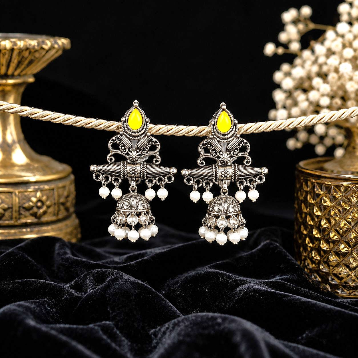 Raannii Earrings Yellow Stone Oxidised Pearl Jhumka Statement Earrings for Women