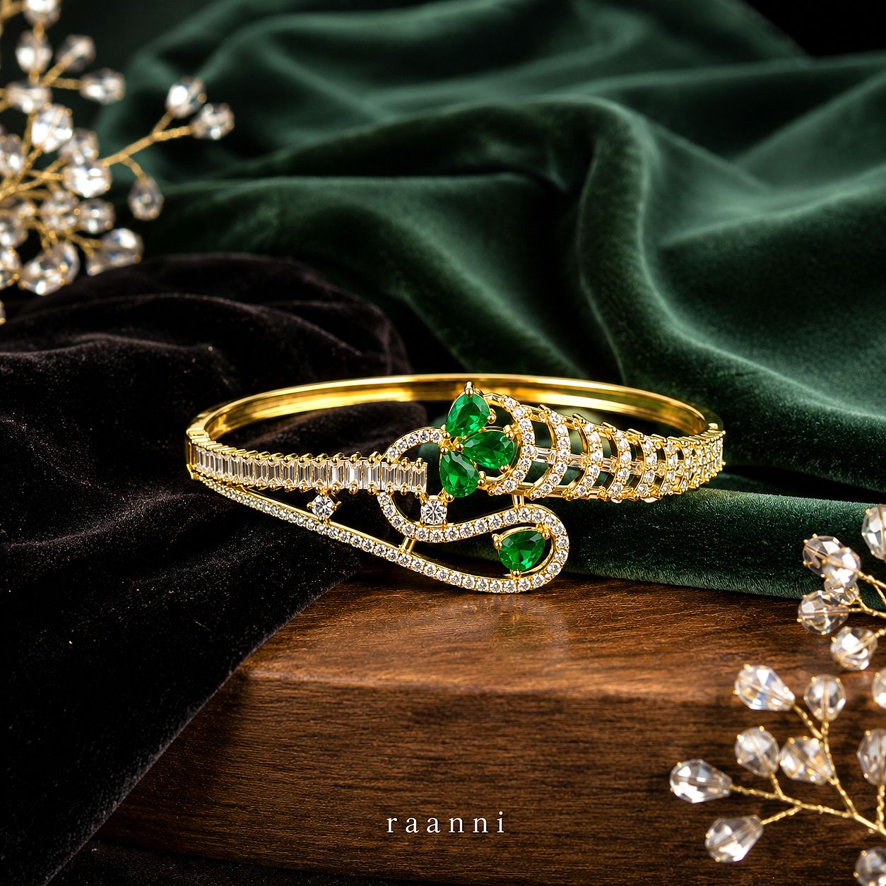 Raannii Bracelet Gold Plated Green Stone Crystal Bracelet for Women