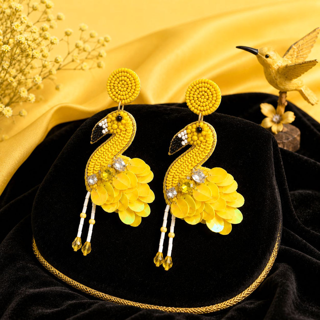 Raannii Yellow Flamingo Sequin Statement Earrings