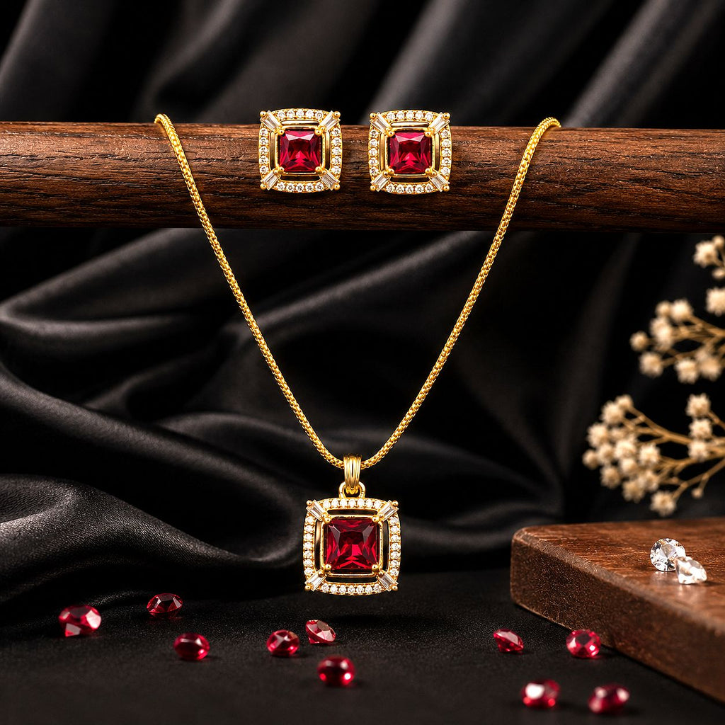 Raannii Jewelry Set Gold Plated Red Stone Pendant Necklace and Stud Earrings for Women