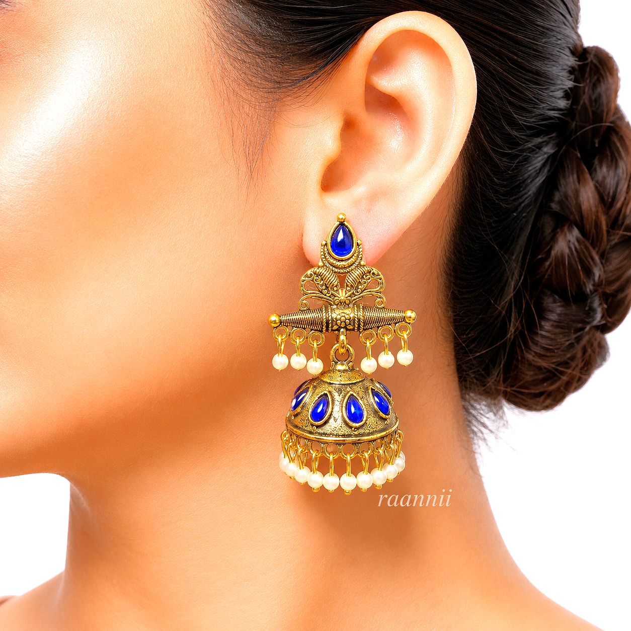 Raannii Earrings Gold Plated Red Stone Pearl Jhumka Earrings for Women
