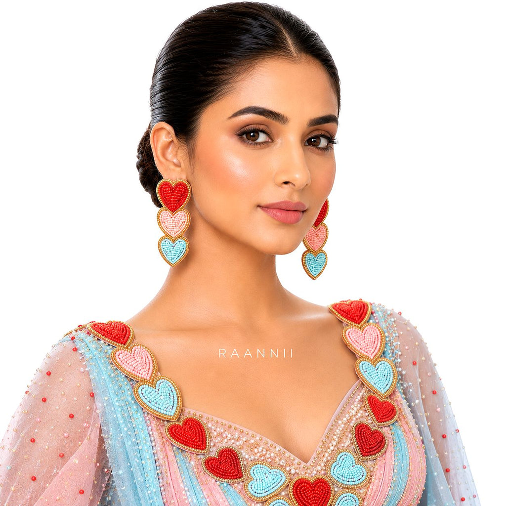 Raannii Triple Heart Beaded Statement Earrings