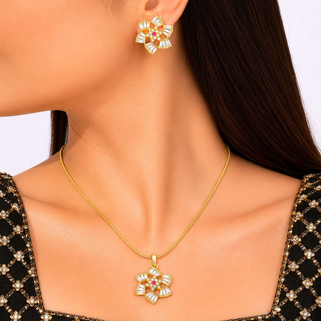 Raannii Jewelry Set Gold Plated Floral Pendant Necklace and Stud Earrings for Women