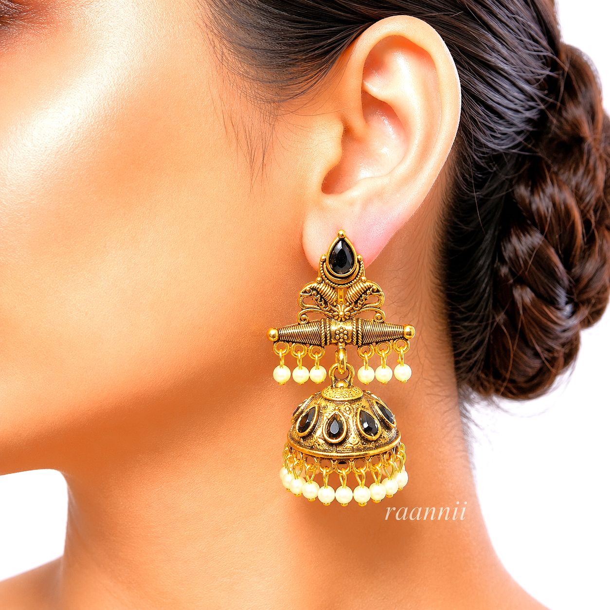 Raannii Earrings Gold Plated Red Stone Pearl Jhumka Earrings for Women