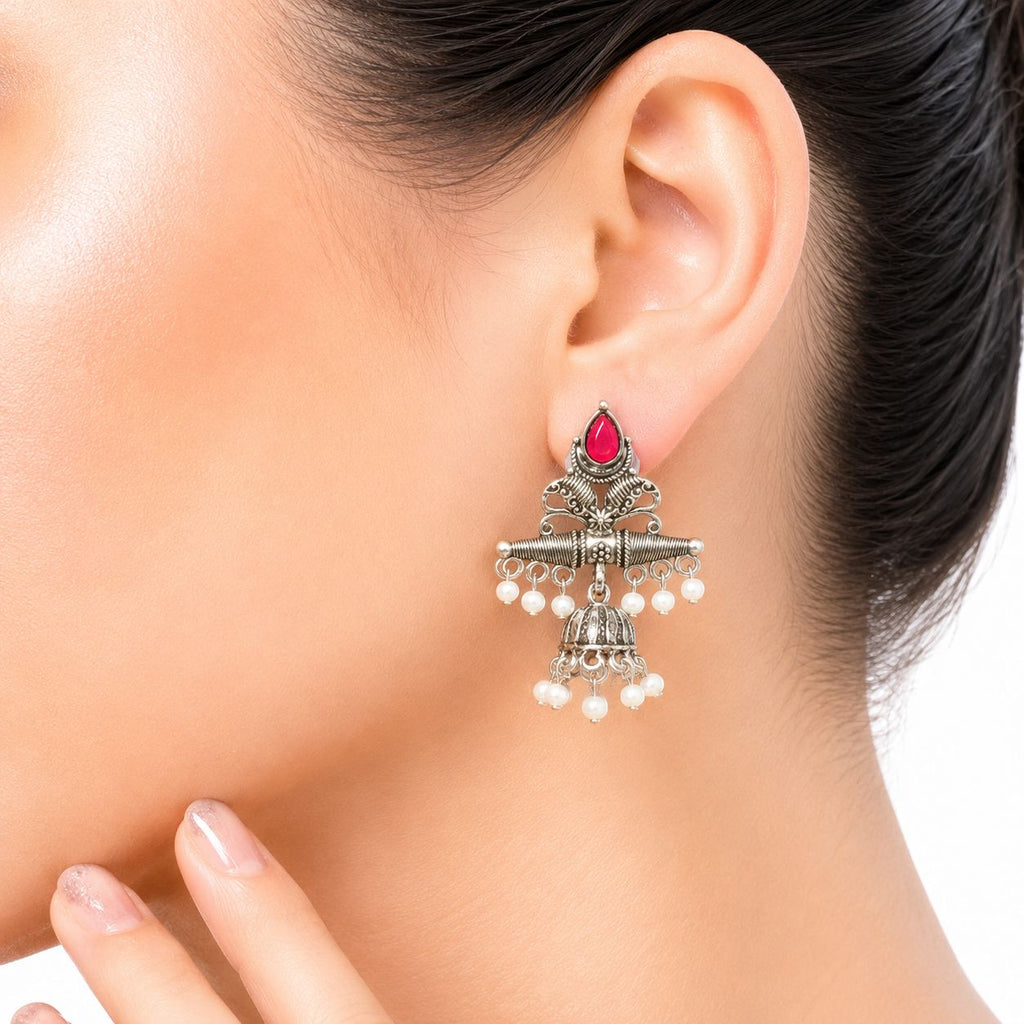 Raannii Earrings Red Stone Oxidised Pearl Jhumka Statement Earrings for Women