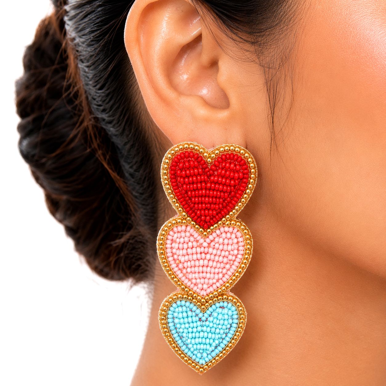 Raannii Triple Heart Beaded Statement Earrings