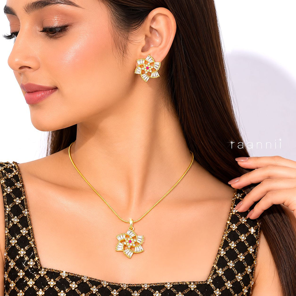 Raannii Jewelry Set Gold Plated Floral Pendant Necklace and Stud Earrings for Women