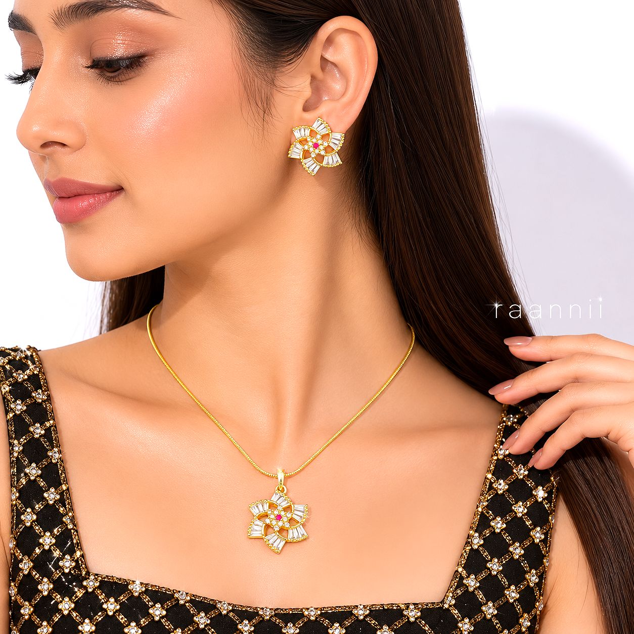 Raannii Jewelry Set Gold Plated Floral Pendant Necklace and Stud Earrings for Women