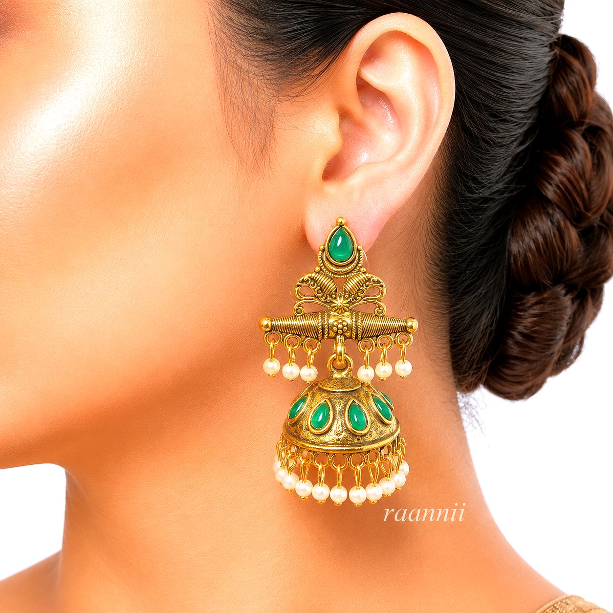 Raannii Earrings Gold Plated Red Stone Pearl Jhumka Earrings for Women