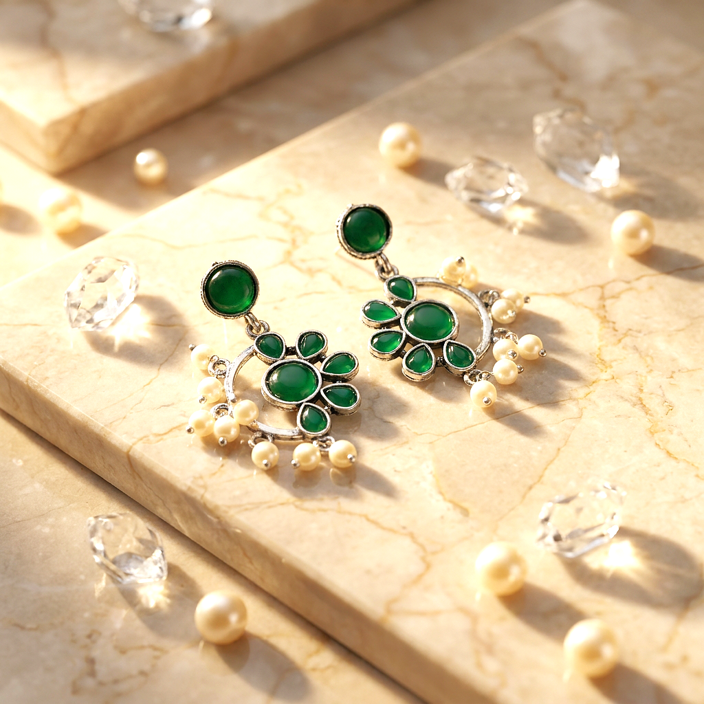 Raannii Earrings Green Floral Pearl Drop Earrings for Women
