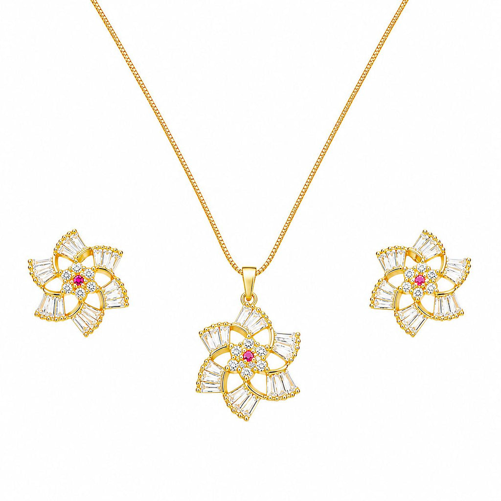 Raannii Jewelry Set Gold Plated Floral Pendant Necklace and Stud Earrings for Women