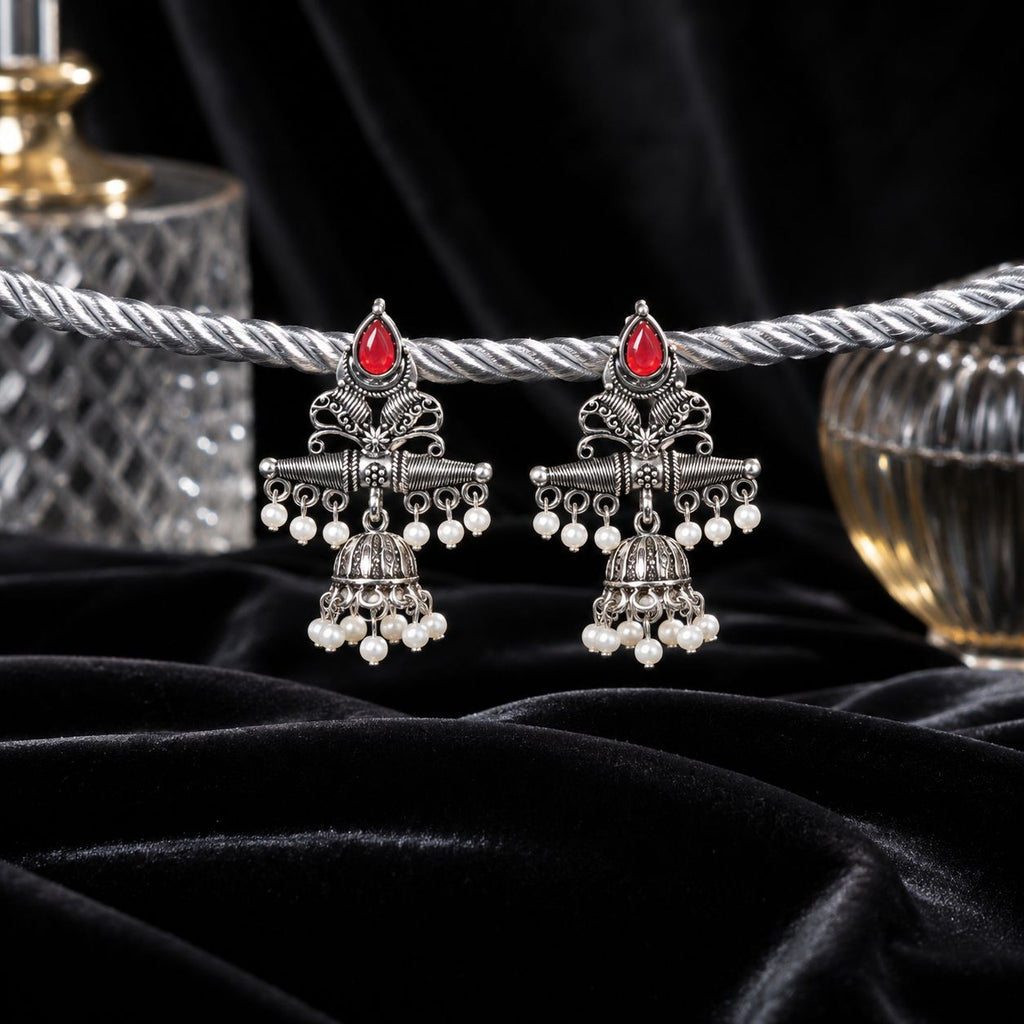 Raannii Earrings Red Stone Oxidised Pearl Jhumka Statement Earrings for Women