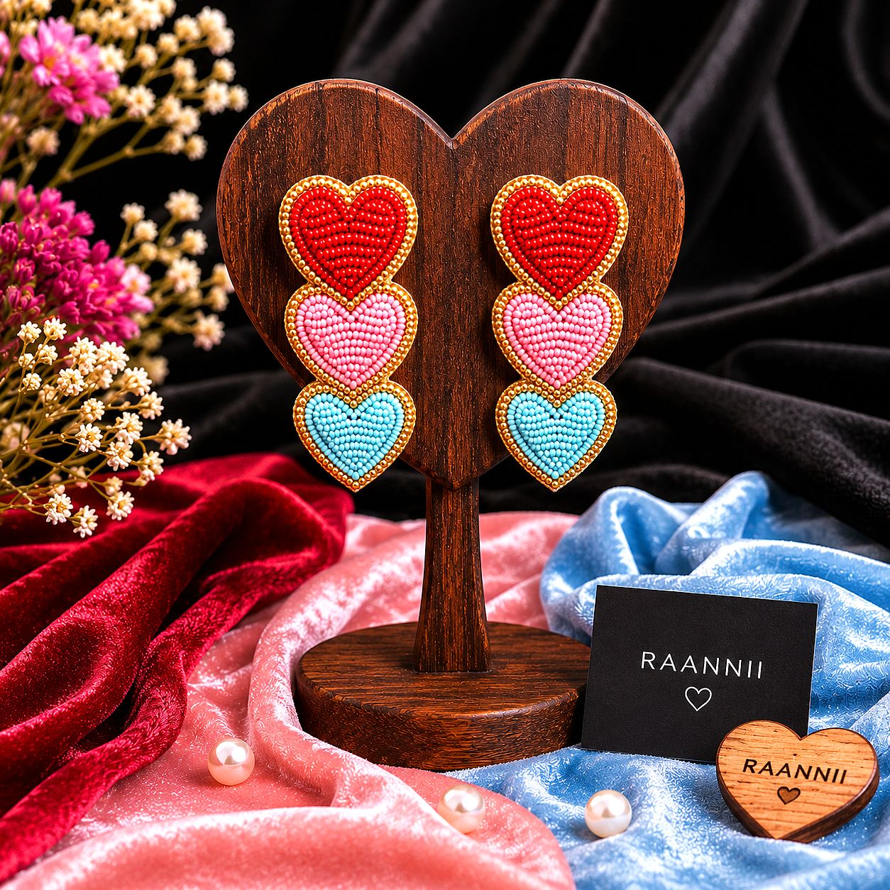 Raannii Triple Heart Beaded Statement Earrings